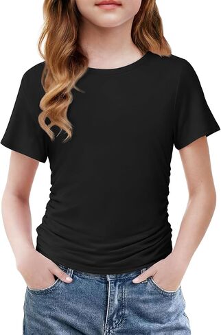 Arshiner قمصان الفتيات الجانب Ruched قصيرة الأكمام Crewneck المجهزة قمم عارضة الصيف الناعمة المحملة الملابس 5-12 سنة in Kuwait