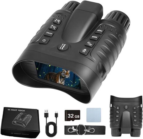 نظارات رؤية ليلية 4K، مناظير رؤية ليلية 3.2 بوصة للبالغين مع محدد المدى، تكبير رقمي 8X مع بطارية 4500 مللي أمبير، بطاقة 32 جيجابايت للتخييم ومراقبة الحياة البرية in Kuwait