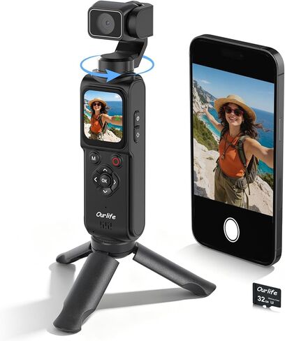 كاميرا Ourlife Pocket Vlogging Camera 4K/30fps Body Camera مع تتبع الوجه/الأشياء، كاميرا فيديو محمولة بعدسة دوران 330 درجة، كاميرا جيب مع تسجيل صوت/فيديو، تركيز سريع، كاميرا رقمية للتصوير الفوتوغرافي in Kuwait