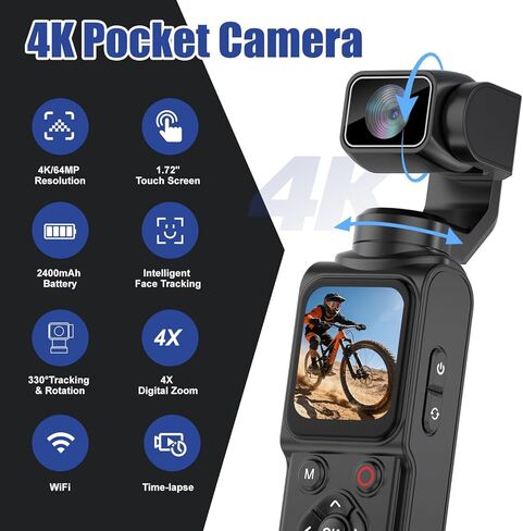 كاميرا Ourlife Pocket Vlogging Camera 4K/30fps Body Camera مع تتبع الوجه/الأشياء، كاميرا فيديو محمولة بعدسة دوران 330 درجة، كاميرا جيب مع تسجيل صوت/فيديو، تركيز سريع، كاميرا رقمية للتصوير الفوتوغرافي in Kuwait