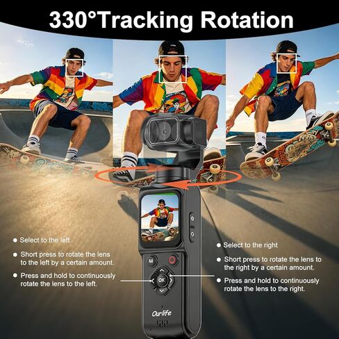 كاميرا Ourlife Pocket Vlogging Camera 4K/30fps Body Camera مع تتبع الوجه/الأشياء، كاميرا فيديو محمولة بعدسة دوران 330 درجة، كاميرا جيب مع تسجيل صوت/فيديو، تركيز سريع، كاميرا رقمية للتصوير الفوتوغرافي in Kuwait