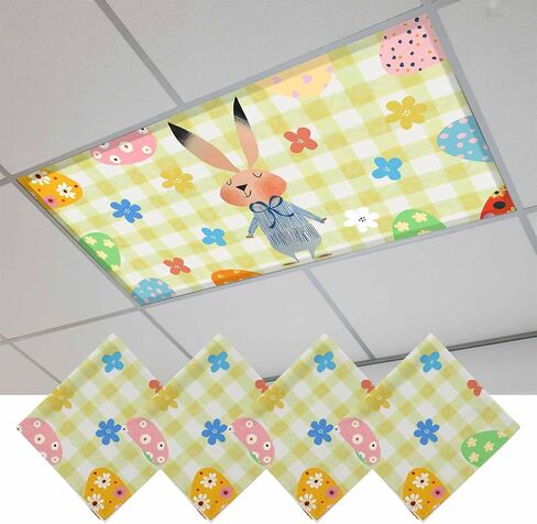 Spring Easter Fluorescent Light Covers for Ceiling Lights 4x2 feet,3 Pack Magnetic Light Filters for Classroom,Blue Plaid Bunny Colorful Eggs Floral Fluorescent Lamp Shade Panel for Office School Drop in Saudi Arabia