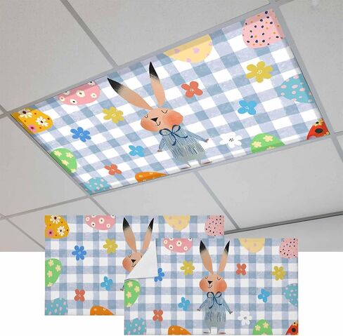 Spring Easter Fluorescent Light Covers for Ceiling Lights 4x2 feet,3 Pack Magnetic Light Filters for Classroom,Blue Plaid Bunny Colorful Eggs Floral Fluorescent Lamp Shade Panel for Office School Drop in Saudi Arabia
