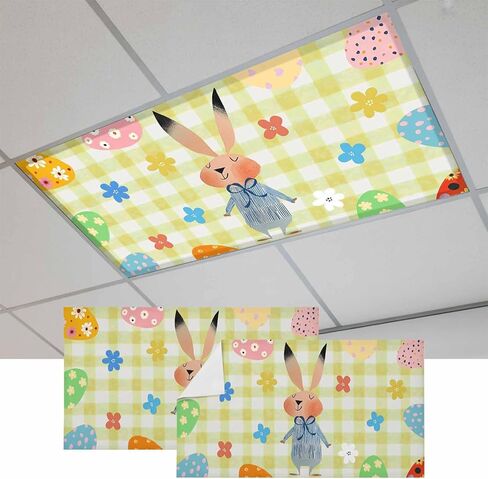 Spring Easter Fluorescent Light Covers for Ceiling Lights 4x2 feet,3 Pack Magnetic Light Filters for Classroom,Blue Plaid Bunny Colorful Eggs Floral Fluorescent Lamp Shade Panel for Office School Drop in Saudi Arabia