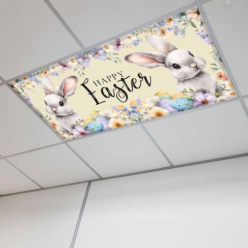 Happy Easter Fluorescent Light Covers for Ceiling Lights 4x2 feet,2 Pack Magnetic Light Filters for Classroom,Spring Grey Bunny Colorful Eggs Flower Blue Fluorescent Lamp Shade Panel for Office School in Saudi Arabia