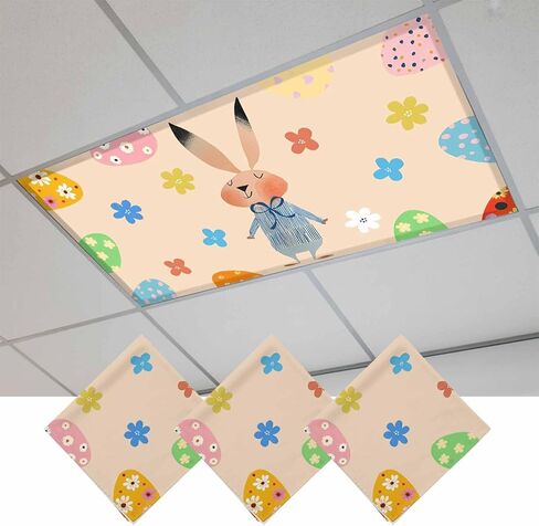 Spring Easter Fluorescent Light Covers for Ceiling Lights 4x2 feet,3 Pack Magnetic Light Filters for Classroom,Blue Plaid Bunny Colorful Eggs Floral Fluorescent Lamp Shade Panel for Office School Drop in Saudi Arabia