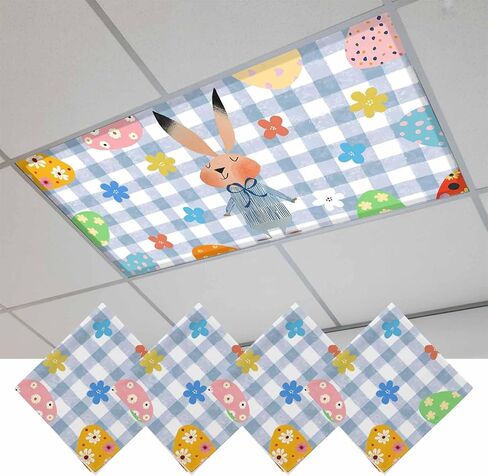 Spring Easter Fluorescent Light Covers for Ceiling Lights 4x2 feet,3 Pack Magnetic Light Filters for Classroom,Blue Plaid Bunny Colorful Eggs Floral Fluorescent Lamp Shade Panel for Office School Drop in Saudi Arabia