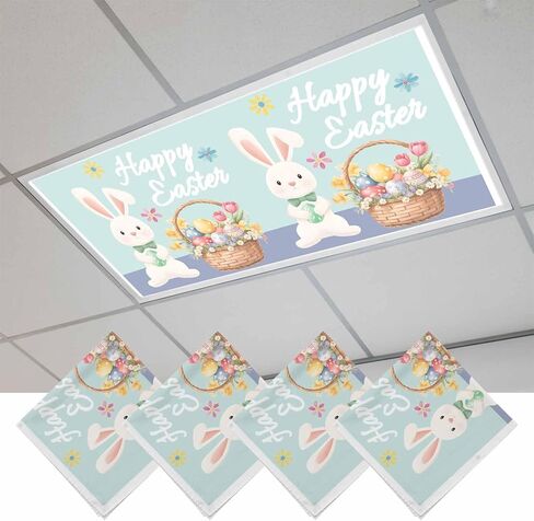 Happy Easter Fluorescent Light Covers for Ceiling Lights 4x2 feet,3 Pack Magnetic Light Filters for Classroom,Cute Bunny Colorful Eggs Spring Flowers Blue Purple Fluorescent Lamp Shade Panel in Kuwait