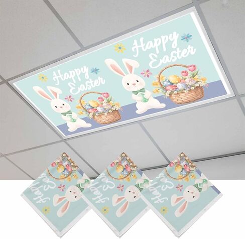 Happy Easter Fluorescent Light Covers for Ceiling Lights 4x2 feet,3 Pack Magnetic Light Filters for Classroom,Cute Bunny Colorful Eggs Spring Flowers Blue Purple Fluorescent Lamp Shade Panel in Saudi Arabia
