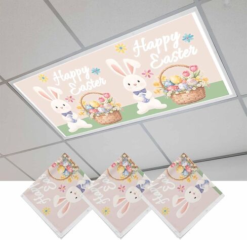 Happy Easter Fluorescent Light Covers for Ceiling Lights 4x2 feet,3 Pack Magnetic Light Filters for Classroom,Cute Bunny Colorful Eggs Spring Flowers Blue Purple Fluorescent Lamp Shade Panel in Saudi Arabia