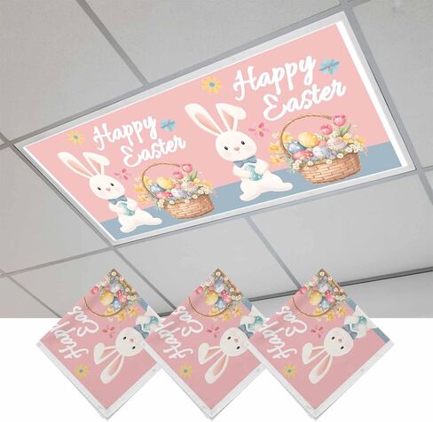 Happy Easter Fluorescent Light Covers for Ceiling Lights 4x2 feet,3 Pack Magnetic Light Filters for Classroom,Cute Bunny Colorful Eggs Spring Flowers Blue Purple Fluorescent Lamp Shade Panel in Saudi Arabia