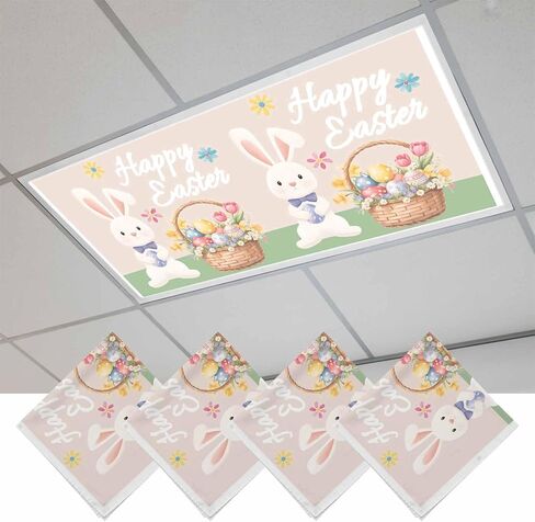 Happy Easter Fluorescent Light Covers for Ceiling Lights 4x2 feet,3 Pack Magnetic Light Filters for Classroom,Cute Bunny Colorful Eggs Spring Flowers Blue Purple Fluorescent Lamp Shade Panel in Saudi Arabia