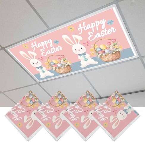 Happy Easter Fluorescent Light Covers for Ceiling Lights 4x2 feet,3 Pack Magnetic Light Filters for Classroom,Cute Bunny Colorful Eggs Spring Flowers Blue Purple Fluorescent Lamp Shade Panel in Saudi Arabia