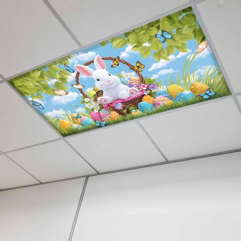 Easter Cartoon Bunny Fluorescent Light Covers for Ceiling Lights 4x2 feet,1 Pack Magnetic Light Filters for Classroom,Colorful Eggs Spring Leaves Blue Sky Butterfly Fluorescent Lamp Shade Panel in Saudi Arabia