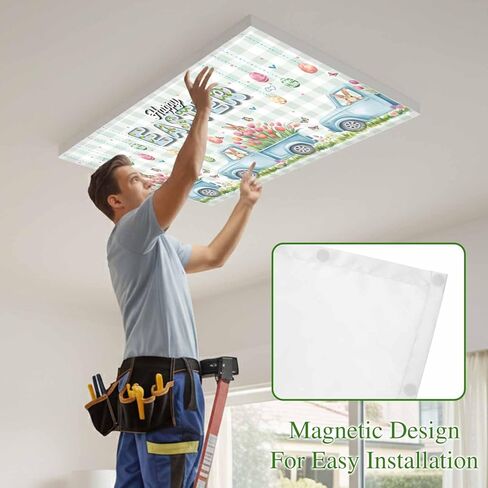 Easter Eggs Fluorescent Light Covers for Ceiling Lights 4x2 feet,3 Pack Magnetic Light Filters for Classroom,Tulip Green Plaid Spring Bunny Butterfly Flower Fluorescent Lamp Shade Panel for Office in Saudi Arabia