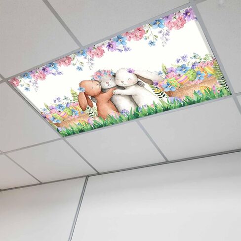 Easter Bunny Fluorescent Light Covers for Ceiling Lights 4x2 feet,4 Pack Magnetic Light Filters for Classroom,Cute Rabbits Colorful Eggs Floral Green Check Fluorescent Lamp Shade Panel for Office in Saudi Arabia