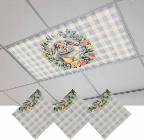 Easter Bunny Fluorescent Light Covers for Ceiling Lights 4x2 feet,2 Pack Magnetic Light Filters for Classroom,Retro Rabbit Eggs Spring Flower Farmhouse Plaid Fluorescent Lamp Shade Panel for Office in Saudi Arabia