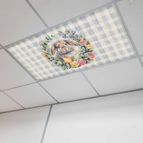 Easter Bunny Fluorescent Light Covers for Ceiling Lights 4x2 feet,2 Pack Magnetic Light Filters for Classroom,Retro Rabbit Eggs Spring Flower Farmhouse Plaid Fluorescent Lamp Shade Panel for Office in Saudi Arabia