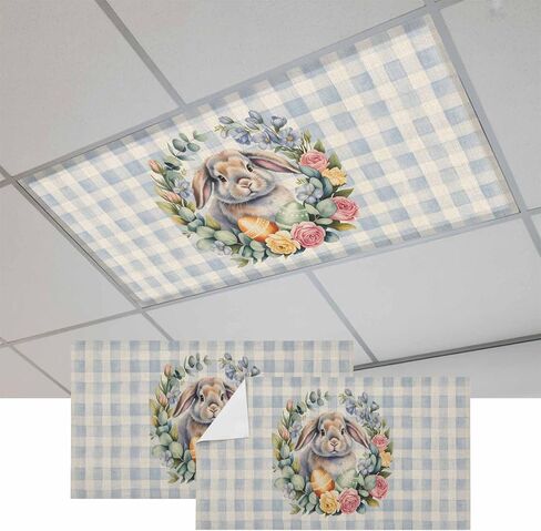 Easter Bunny Fluorescent Light Covers for Ceiling Lights 4x2 feet,2 Pack Magnetic Light Filters for Classroom,Retro Rabbit Eggs Spring Flower Farmhouse Plaid Fluorescent Lamp Shade Panel for Office in Saudi Arabia