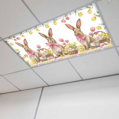 Easter Bunny Eggs Fluorescent Light Covers for Ceiling Lights 4x2 feet,3 Pack Magnetic Light Filters for Classroom,Spring Tulips Rustic Rabbits Colorful Plaid Fluorescent Lamp Shade Panel for Office in Saudi Arabia