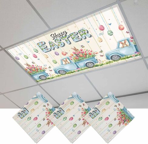 Easter Eggs Fluorescent Light Covers for Ceiling Lights 4x2 feet,3 Pack Magnetic Light Filters for Classroom,Tulip Green Plaid Spring Bunny Butterfly Flower Fluorescent Lamp Shade Panel for Office in Saudi Arabia