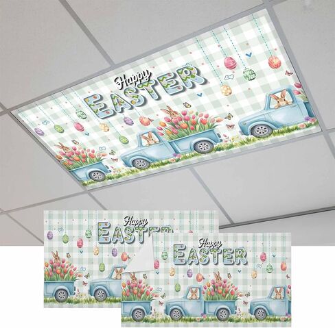 Easter Eggs Fluorescent Light Covers for Ceiling Lights 4x2 feet,3 Pack Magnetic Light Filters for Classroom,Tulip Green Plaid Spring Bunny Butterfly Flower Fluorescent Lamp Shade Panel for Office in Saudi Arabia