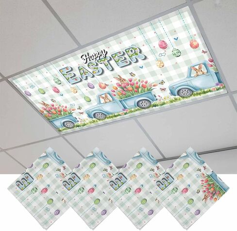 Easter Eggs Fluorescent Light Covers for Ceiling Lights 4x2 feet,3 Pack Magnetic Light Filters for Classroom,Tulip Green Plaid Spring Bunny Butterfly Flower Fluorescent Lamp Shade Panel for Office in Saudi Arabia