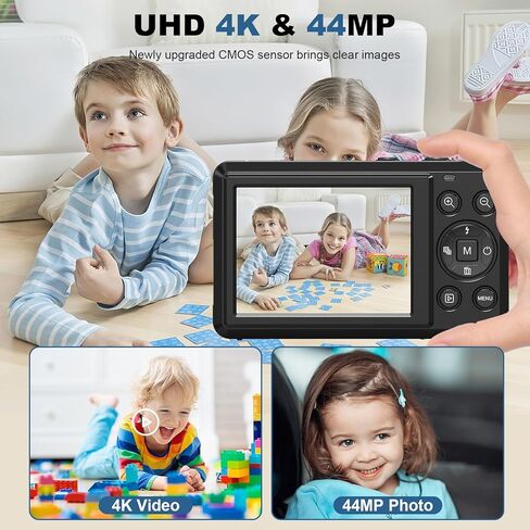 كاميرا رقمية فائقة الدقة 4K بدقة 44 ميجابكسل للتصوير الفوتوغرافي - كاميرا تسجيل فيديو للتركيز التلقائي مع تكبير 16X، كاميرا صغيرة مدمجة للمراهقين والأولاد والبنات، تتضمن بطاقة SD سعة 32 جيجابايت وبطاريتين in Kuwait