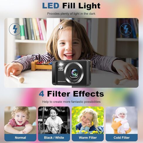 كاميرا رقمية فائقة الدقة 4K بدقة 44 ميجابكسل للتصوير الفوتوغرافي - كاميرا تسجيل فيديو للتركيز التلقائي مع تكبير 16X، كاميرا صغيرة مدمجة للمراهقين والأولاد والبنات، تتضمن بطاقة SD سعة 32 جيجابايت وبطاريتين in Kuwait