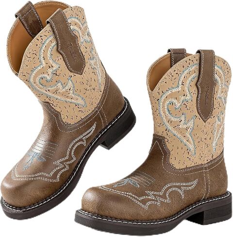 Western Cowboy Boots For Women Mid Calf Womens Western Boots Embroidered Design Rubber Outsole Slip-On Wide Toe Perfect For Pairing With Jeans & Skirts in Saudi Arabia