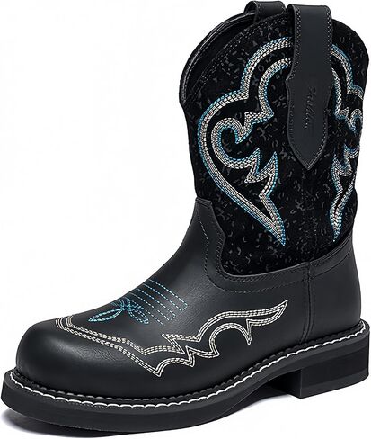 Western Cowboy Boots For Women Mid Calf Womens Western Boots Embroidered Design Rubber Outsole Slip-On Wide Toe Perfect For Pairing With Jeans & Skirts in Saudi Arabia