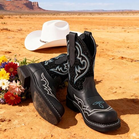 Western Cowboy Boots For Women Mid Calf Womens Western Boots Embroidered Design Rubber Outsole Slip-On Wide Toe Perfect For Pairing With Jeans & Skirts in Saudi Arabia