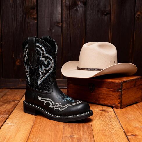Western Cowboy Boots For Women Mid Calf Womens Western Boots Embroidered Design Rubber Outsole Slip-On Wide Toe Perfect For Pairing With Jeans & Skirts in Saudi Arabia