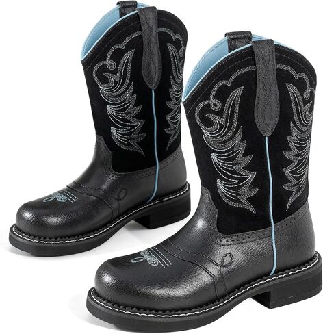 Western Cowboy Boots For Women Mid Calf Womens Western Boots Embroidered Design Rubber Outsole Slip-On Wide Toe Perfect For Pairing With Jeans & Skirts in Saudi Arabia