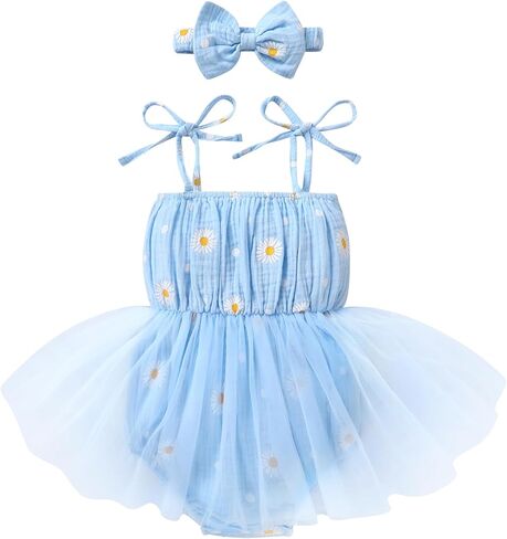HAPPYMA Baby Girl Romper Clothes Infant Sleeveless Bodysuit Tulle Dress Toddler Summer Jumpsuit Outfits with Headband in Saudi Arabia