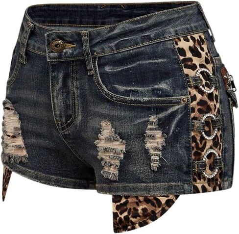 Verdusa Women's Y2K Leopard Distressed Ripped Mini Jean Shorts Rave Club Low Rise Rhinestone Denim Shorts in Saudi Arabia