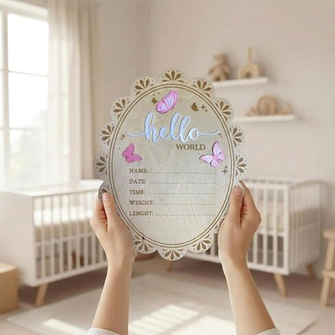 Baby Announcement Sign, Hello World Newborn Sign for Hospital, She’s Here Card, Wooden Newborn Photography Props Double-Sided, Birth Announcement Sign, Gifts baby Shower, Nursery Room Decoration (QR2) in Kuwait