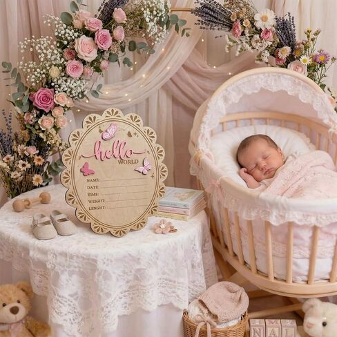 Baby Announcement Sign, Hello World Newborn Sign for Hospital, She’s Here Card, Wooden Newborn Photography Props Double-Sided, Birth Announcement Sign, Gifts baby Shower, Nursery Room Decoration (QR2) in Kuwait