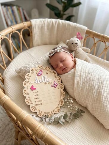 Baby Announcement Sign, Hello World Newborn Sign for Hospital, She’s Here Card, Wooden Newborn Photography Props Double-Sided, Birth Announcement Sign, Gifts baby Shower, Nursery Room Decoration (QR2) in Kuwait