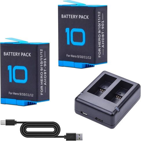 عبوتان من بطاريات Hero 10 مع شاحن USB-C بقناتين، ملحق محمول سريع الطاقة متوافق تمامًا مع كاميرا Hero 12، Hero 11، Hero 10، Hero 9 Black Sport Action in Kuwait