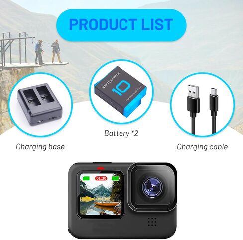 عبوتان من بطاريات Hero 10 مع شاحن USB-C بقناتين، ملحق محمول سريع الطاقة متوافق تمامًا مع كاميرا Hero 12، Hero 11، Hero 10، Hero 9 Black Sport Action in Kuwait