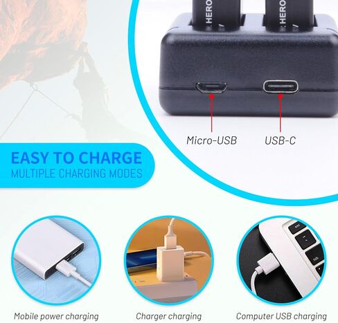 عبوتان من بطاريات Hero 10 مع شاحن USB-C بقناتين، ملحق محمول سريع الطاقة متوافق تمامًا مع كاميرا Hero 12، Hero 11، Hero 10، Hero 9 Black Sport Action in Kuwait