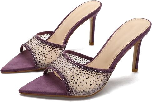 Women'S Mesh Rhinestones Pointed Open Toe Stiletto Sandals Fashion Sparkling Slip On Sexy Slingback Kitten Heel Slide Sandals For Party Prom Backless Dress Slipper Shoe in Saudi Arabia