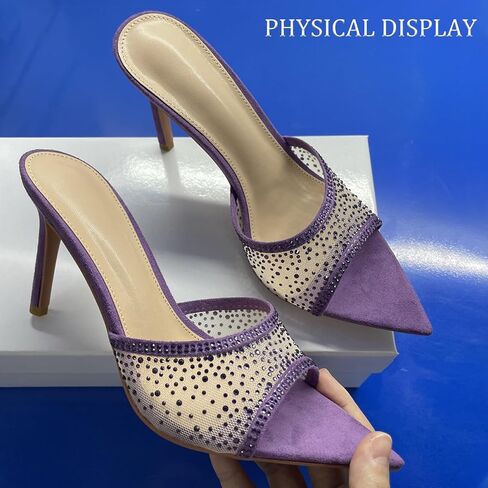 Women'S Mesh Rhinestones Pointed Open Toe Stiletto Sandals Fashion Sparkling Slip On Sexy Slingback Kitten Heel Slide Sandals For Party Prom Backless Dress Slipper Shoe in Saudi Arabia