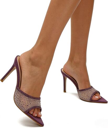 Women'S Mesh Rhinestones Pointed Open Toe Stiletto Sandals Fashion Sparkling Slip On Sexy Slingback Kitten Heel Slide Sandals For Party Prom Backless Dress Slipper Shoe in Saudi Arabia