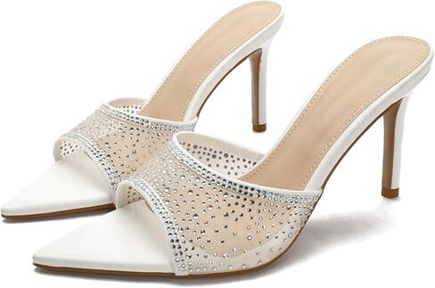 Women'S Mesh Rhinestones Pointed Open Toe Stiletto Sandals Fashion Sparkling Slip On Sexy Slingback Kitten Heel Slide Sandals For Party Prom Backless Dress Slipper Shoe in Saudi Arabia