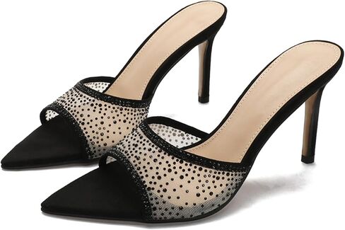 Women'S Mesh Rhinestones Pointed Open Toe Stiletto Sandals Fashion Sparkling Slip On Sexy Slingback Kitten Heel Slide Sandals For Party Prom Backless Dress Slipper Shoe in Saudi Arabia