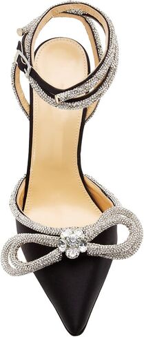 صنادل BlingQueen النسائية ذات الكعب العالي من الساتان وحجر الراين وحزام الكاحل ومزينة بالكريستال وكعب مدبب بدون ظهر فستان الزفاف والصنادل ذات الكعب العالي in Kuwait