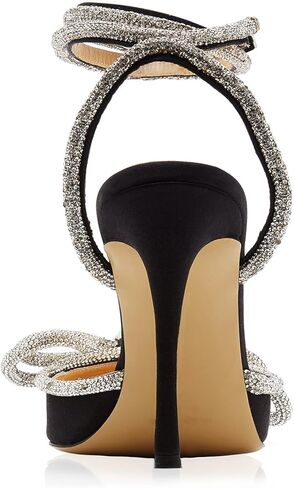 صنادل BlingQueen النسائية ذات الكعب العالي من الساتان وحجر الراين وحزام الكاحل ومزينة بالكريستال وكعب مدبب بدون ظهر فستان الزفاف والصنادل ذات الكعب العالي in Kuwait