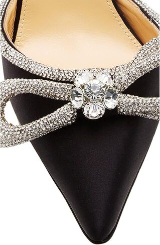 صنادل BlingQueen النسائية ذات الكعب العالي من الساتان وحجر الراين وحزام الكاحل ومزينة بالكريستال وكعب مدبب بدون ظهر فستان الزفاف والصنادل ذات الكعب العالي in Kuwait